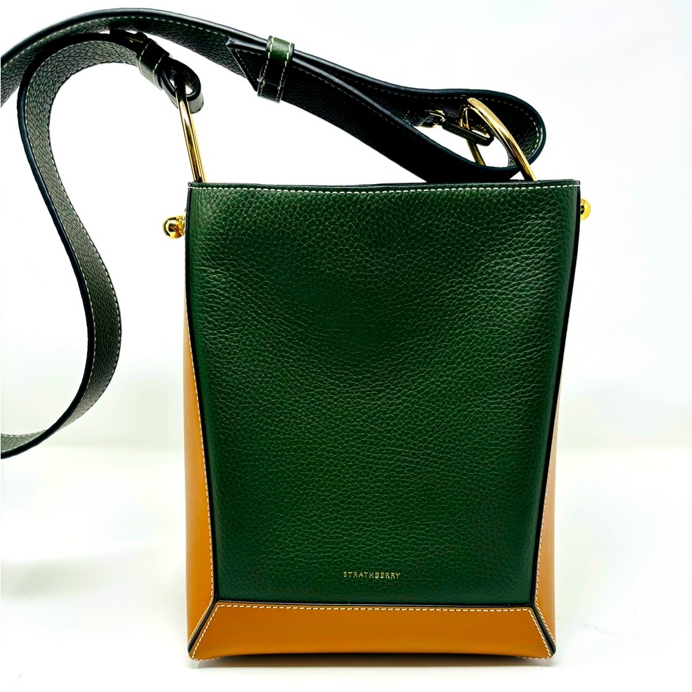SOLD - Strathberry Lana Midi Bucket Bag - Tan/bottle green - Picture 1 of 16